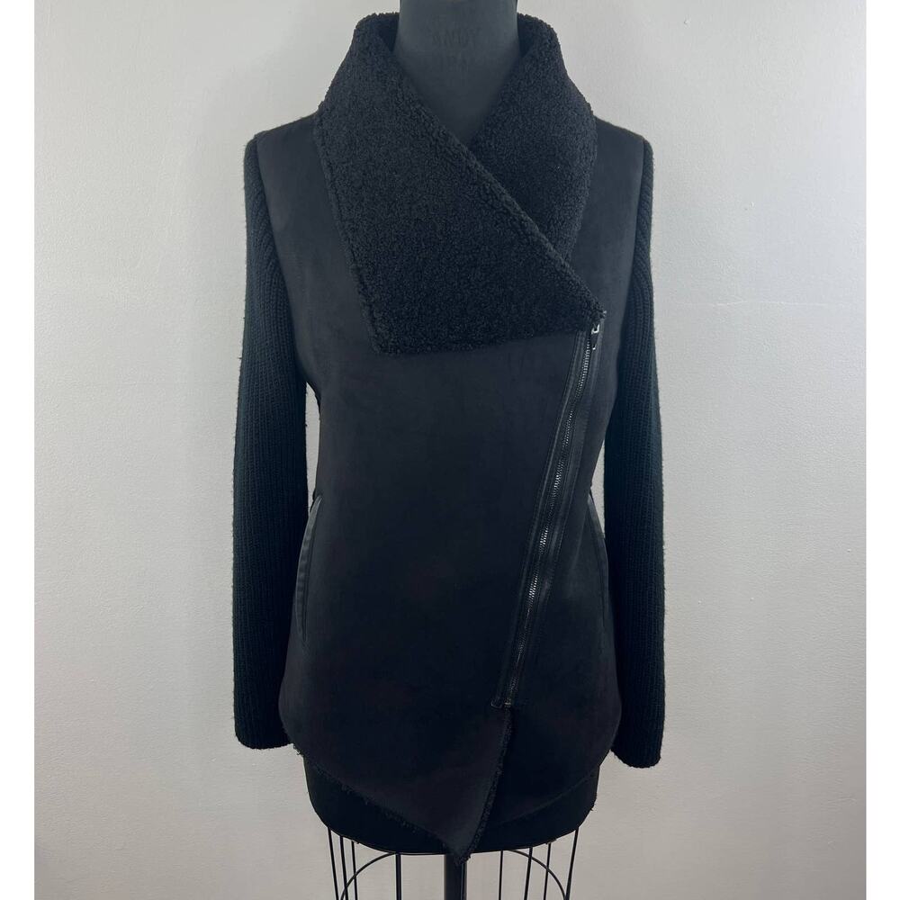 BlankNYC Black Knit Shawl Collar Faux Suede Asymmetric Swewater Jacket M Medium